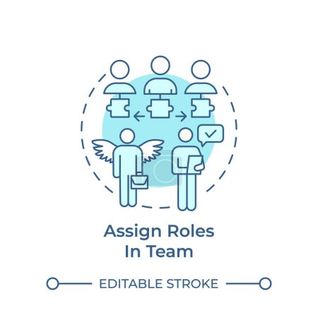 Assign roles in team soft blue concept icon. Hackathon organization. Gather team. Team members. Round shape line illustration. Abstract idea. Graphic design. Easy to use in promotional materials