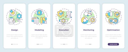 Illustration for BPM lifecycle onboarding mobile app screen. Business modeling. Walkthrough 5 steps editable graphic instructions with linear concepts. UI, UX, GUI template. Montserrat SemiBold, Regular fonts used - Royalty Free Image
