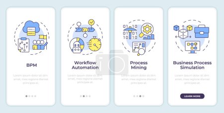 Illustration for Business process management tools onboarding mobile app screen. Walkthrough 4 steps editable graphic instructions with linear concepts. UI, UX, GUI template. Montserrat SemiBold, Regular fonts used - Royalty Free Image