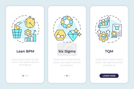 BPM methodologies onboarding mobile app screen. Walkthrough 3 steps editable graphic instructions with linear concepts. UI, UX, GUI template. Montserrat SemiBold, Regular fonts used