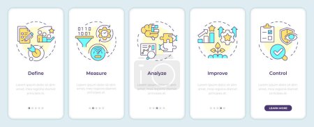 Six sigma methodology onboarding mobile app screen. Walkthrough 5 steps editable graphic instructions with linear concepts. UI, UX, GUI template. Montserrat SemiBold, Regular fonts used