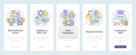Illustration for Choosing BPM software factors onboarding mobile app screen. Walkthrough 5 steps editable graphic instructions with linear concepts. UI, UX, GUI template. Montserrat SemiBold, Regular fonts used - Royalty Free Image