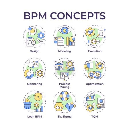 BPM mehrfarbige Konzeptsymbole. Workflow-Management, betriebliche Effizienz. Lean management. Symbolpack. Vektorbilder. Illustrationen in runder Form für Artikel, Infografik. Abstrakte Idee