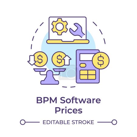 Die BPM-Software preist das Symbol für das Mehrfarbkonzept. Berechnung der Dienstleistungskosten. Workflow-Optimierung. Abbildung der runden Formlinie. Abstrakte Idee. Grafikdesign. Einfach zu bedienen in Infografik, Artikel