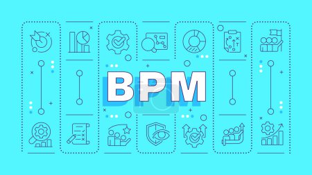 BPM turquoise word concept. Customer service, user experience. Workflow automatization. Typography banner. Vector illustration with title text, editable icons color. Hubot Sans font used