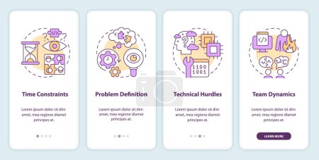 Hackathon challenges onboarding mobile app screen. Walkthrough 4 steps editable graphic instructions with linear concepts. UI, UX, GUI template. Myriad Pro-Bold, Regular fonts used