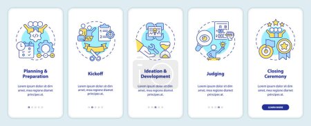 Hackathon process structure onboarding mobile app screen. Walkthrough 5 steps editable graphic instructions with linear concepts. UI, UX, GUI template. Myriad Pro-Bold, Regular fonts used