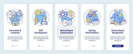 Hackathon benefits onboarding mobile app screen. Advantages walkthrough 5 steps editable graphic instructions with linear concepts. UI, UX, GUI template. Myriad Pro-Bold, Regular fonts used