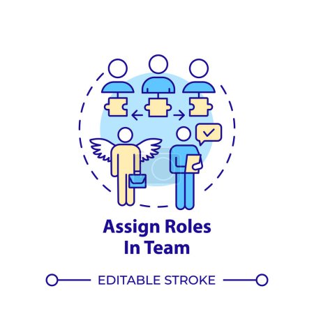Assign roles in team multi color concept icon. Hackathon organization. Gather team. Team members. Round shape line illustration. Abstract idea. Graphic design. Easy to use in promotional materials