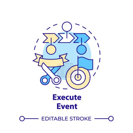 Execute event multi color concept icon. Hackathon organization. Event management. Competition. Round shape line illustration. Abstract idea. Graphic design. Easy to use in promotional materials