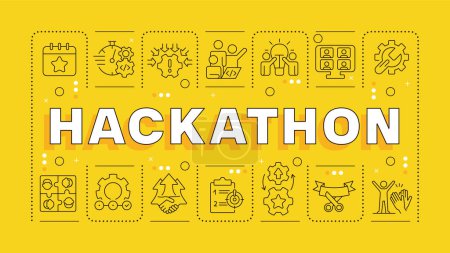 Hackathon yellow word concept. Tech event organization. Teamwork and collaboration. Horizontal vector image. Headline text surrounded by editable outline icons. Hubot Sans font used