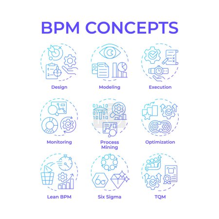 BPM blue gradient concept icons. Workflow-Management, betriebliche Effizienz. Lean management. Symbolpack. Vektorbilder. Illustrationen in runder Form für Artikel, Infografik. Abstrakte Idee
