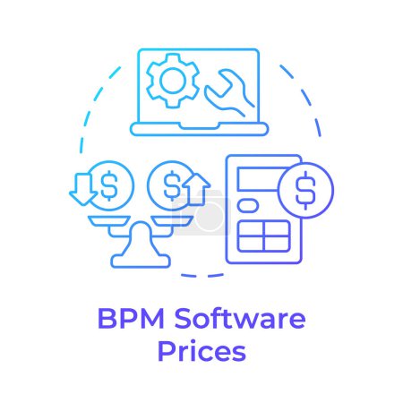 BPM Software preist das blaue Gradienten-Konzept-Symbol. Berechnung der Dienstleistungskosten. Workflow-Optimierung. Abbildung der runden Formlinie. Abstrakte Idee. Grafikdesign. Einfach zu bedienen in Infografik, Artikel
