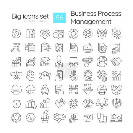 BPM organization linear icons set. Workflow managing, administration resources. Management software. Customizable thin line symbols. Isolated vector outline illustrations. Editable stroke