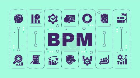 BPM mint green word concept. Business organization. Workflow processes automation. Customer service. Visual communication. Vector art with lettering text, editable glyph icons. Hubot Sans font used