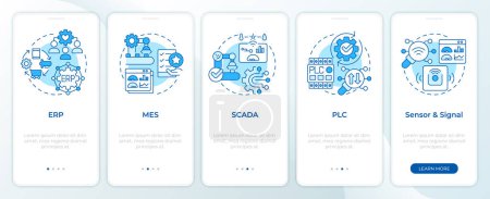 Factory organization systems blue onboarding mobile app screen. Walkthrough 5 steps editable graphic instructions with linear concepts. UI, UX, GUI template. Montserrat SemiBold, Regular fonts used