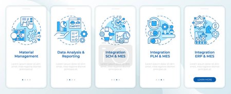 MES integration blue onboarding mobile app screen. Walkthrough 5 steps editable graphic instructions with linear concepts. UI, UX, GUI template. Montserrat SemiBold, Regular fonts used