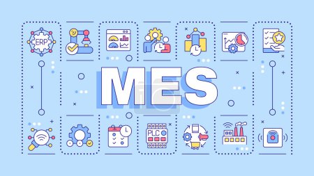 MES turquoise word concept. Manufacturing automation. Planning systems, real time monitoring. Typography banner. Vector illustration with title text, editable icons color. Hubot Sans font used