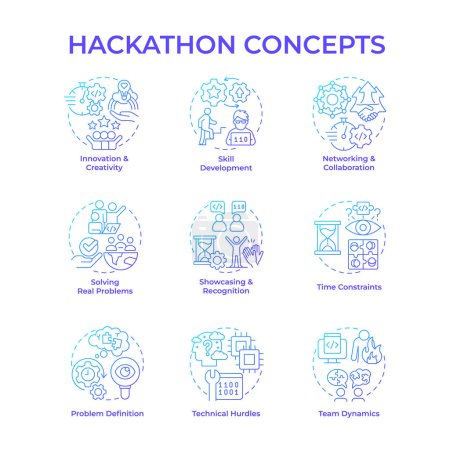 Hackathon blue gradient concept icons. Tech event for program developers. Tech solutions. Coding competition. Teamwork. Icon pack. Vector images. Round shape illustrations. Abstract idea