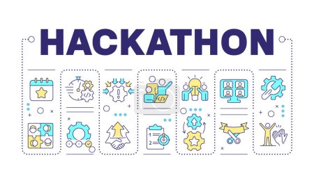Hackathon word concept isolated on white. Tech event organization. Teamwork and collaboration. Creative illustration banner surrounded by editable line colorful icons. Hubot Sans font used