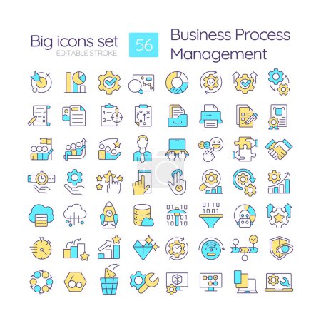Illustration for Business processes management RGB color icons set. Administration resources, customer service. Isolated vector illustrations. Simple filled line drawings collection. Editable stroke - Royalty Free Image