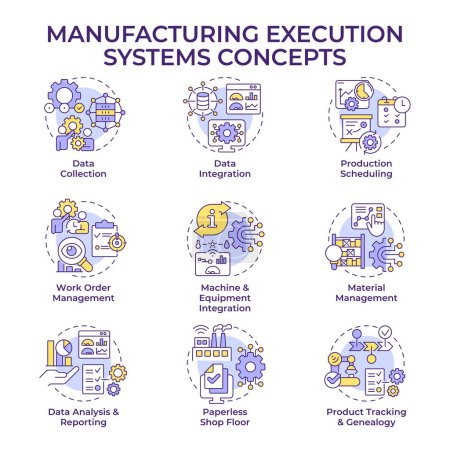 Manufacturing execution systems multi color concept icons. Production processes optimization. Factory automation, performance. Icon pack. Vector images. Round shape illustrations. Abstract idea