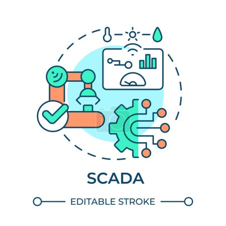 SCADA multi color concept icon. Supervisory control, data acquisition. Smart factory, process performance. Round shape line illustration. Abstract idea. Graphic design. Easy to use in infographic