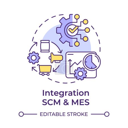 Integración SCM y MES icono concepto multicolor. Fabricación de sistemas de ejecución. Automatización de fábrica. Ilustración de línea de forma redonda. Una idea abstracta. Diseño gráfico. Fácil de usar en infografía, artículo