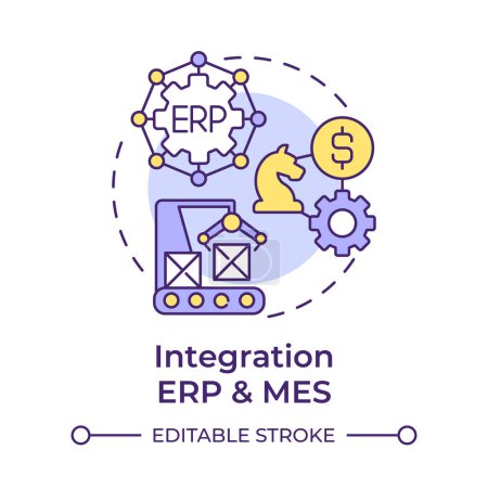 Integration ERP and MES multi color concept icon. Production processes optimization. Quality control. Round shape line illustration. Abstract idea. Graphic design. Easy to use in infographic, article