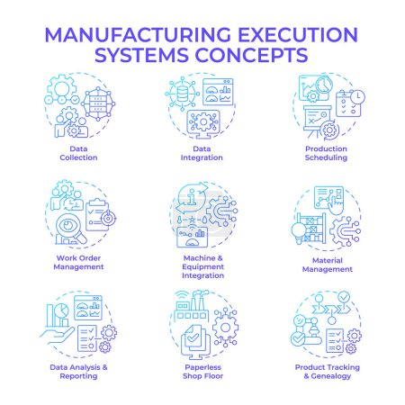 Manufacturing execution systems blue gradient concept icons. Production processes optimization. Factory automation, performance. Icon pack. Vector images. Round shape illustrations. Abstract idea