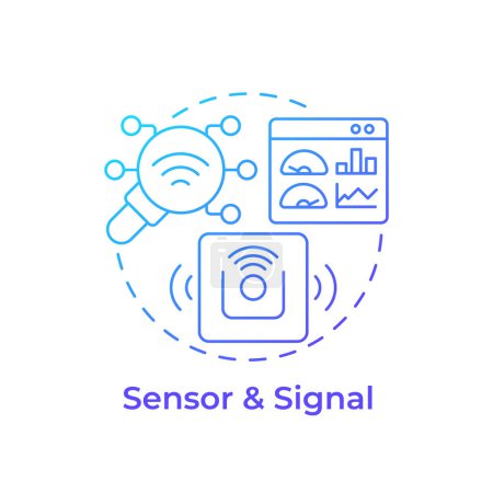 Sensor y señal azul gradiente icono de concepto. Seguimiento del producto, sensor de movimiento. Fabricación inteligente, máquinas conectadas. Ilustración de línea de forma redonda. Una idea abstracta. Diseño gráfico. Fácil de usar