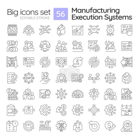 Manufacturing execution systems linear icons set. Smart factory technology. Maintenance costs, efficiency. Customizable thin line symbols. Isolated vector outline illustrations. Editable stroke