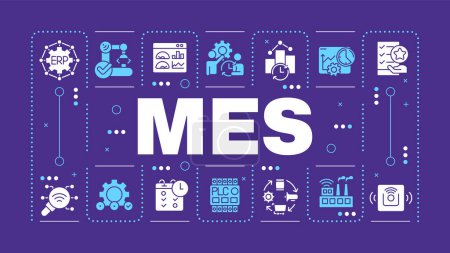 MES purple word concept. Manufacturing control system. Factory automation. Performance analysis. Visual communication. Vector art with lettering text, editable glyph icons. Hubot Sans font used