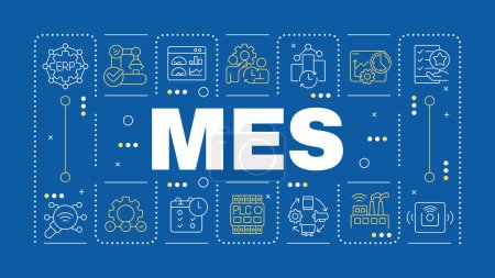 MES blue word concept. Smart factory technology. Productivity enhance. Production automation. Horizontal vector image. Headline text surrounded by editable outline icons. Hubot Sans font used