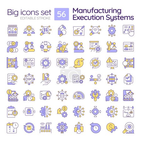 Illustration for Manufacturing execution systems RGB color icons set. Production processes optimization. Material management. Isolated vector illustrations. Simple filled line drawings collection. Editable stroke - Royalty Free Image