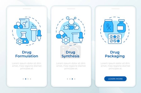 Medical drugs production blue onboarding mobile app screen. Walkthrough 3 steps editable graphic instructions with linear concepts. UI, UX, GUI template. Montserrat SemiBold, Regular fonts used