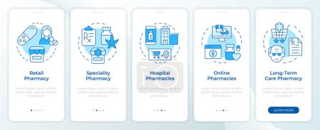 Pharmacy supply blue onboarding mobile app screen. Walkthrough 5 steps editable graphic instructions with linear concepts. UI, UX, GUI template. Montserrat SemiBold, Regular fonts used