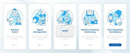 Pharmacovigilance blue onboarding mobile app screen. Walkthrough 5 steps editable graphic instructions with linear concepts. UI, UX, GUI template. Montserrat SemiBold, Regular fonts used