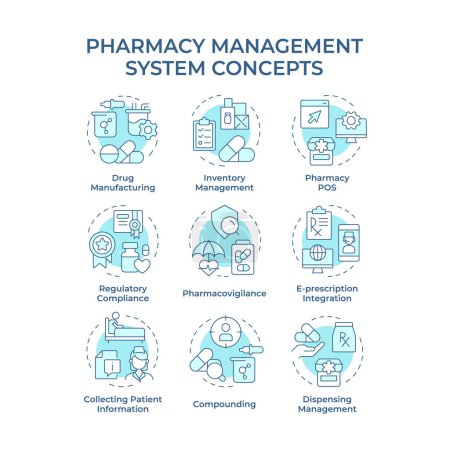 Pharmacy management system soft blue concept icons. Drug manufacturing, pharmacovigilance. Icon pack. Vector images. Round shape illustrations for infographic, article. Abstract idea
