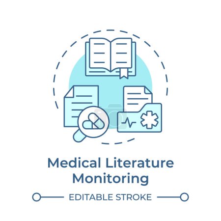 Medical literature monitoring soft blue concept icon. Regulatory compliance, industry standard. Round shape line illustration. Abstract idea. Graphic design. Easy to use in infographic, article