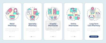 Pharmacies types onboarding mobile app screen. Walkthrough 5 steps editable graphic instructions with linear concepts. UI, UX, GUI template. Montserrat SemiBold, Regular fonts used