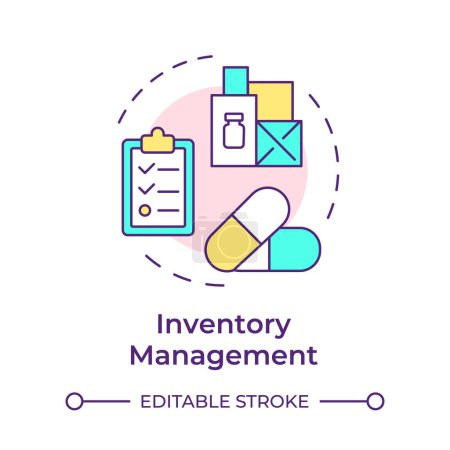 Inventory management multi color concept icon. Drug manufacturing, pharmaceutical products. Round shape line illustration. Abstract idea. Graphic design. Easy to use in infographic, article