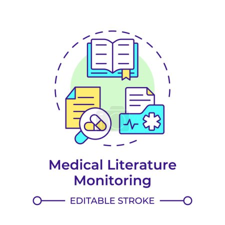 Illustration for Medical literature monitoring multi color concept icon. Regulatory compliance, industry standard. Round shape line illustration. Abstract idea. Graphic design. Easy to use in infographic, article - Royalty Free Image