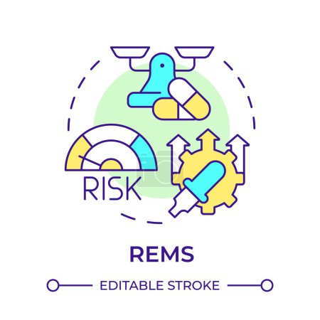 REMS Multi-Color-Konzept-Symbol. Medikamentenmanagement. Personalisierte Medizin, pharmazeutische Dienstleistungen. Abbildung der runden Formlinie. Abstrakte Idee. Grafikdesign. Einfach zu bedienen in Infografik, Artikel