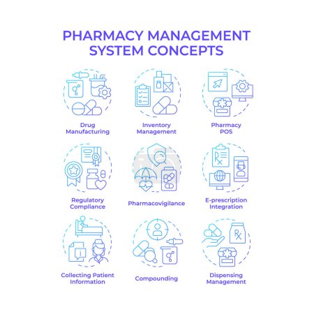 Pharmacy management system blue gradient concept icons. Drug manufacturing, pharmacovigilance. Icon pack. Vector images. Round shape illustrations for infographic, article. Abstract idea