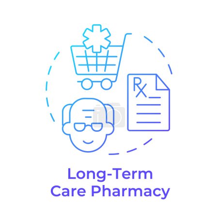 Ilustración de Cuidado a largo plazo farmacia azul gradiente icono concepto. Medicamentos para pacientes mayores. Gestión de recetas. Ilustración de línea de forma redonda. Una idea abstracta. Diseño gráfico. Fácil de usar en infografía - Imagen libre de derechos
