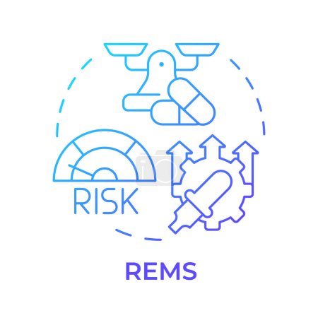REMS blue gradient concept icon. Medikamentenmanagement. Personalisierte Medizin, pharmazeutische Dienstleistungen. Abbildung der runden Formlinie. Abstrakte Idee. Grafikdesign. Einfach zu bedienen in der Infografik