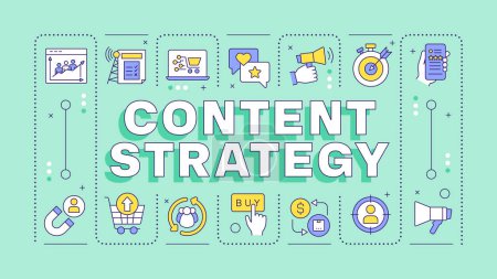 Content strategy turquoise word concept. Marketing services. Audience analysis, performance growth. Typography banner. Vector illustration with title text, editable icons color. Hubot Sans font used