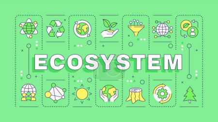 Ecosystem green word concept. Biodiversity agriculture, ecofriendly. Nature preservation. Typography banner. Vector illustration with title text, editable icons color. Hubot Sans font used