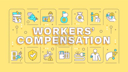 Workers compensation yellow word concept. Business insurance, employees safeguard. Typography banner. Vector illustration with title text, editable icons color. Hubot Sans font used